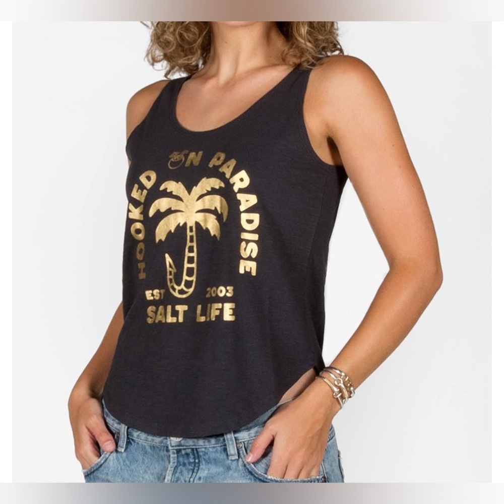 🪝Salt Life Women’s Black and Metallic Gold Hooked On Paradise Tank Top NWT